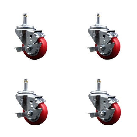 Service Caster 3'' Red Poly Swivel 7/16'' Grip Ring Stem Caster Set with Brake, 4PK SCC-GR20S314-PPUB-RED-TLB-716138-4